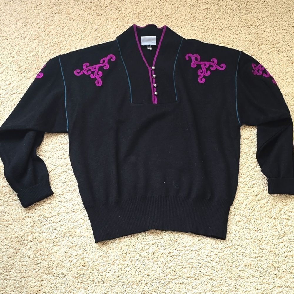 MEINSTER VINTAGE Black and Purple V-Neck Sweater SIZE LARGE‎